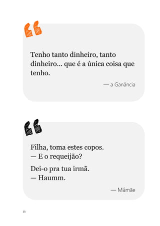 15
Tenho tanto dinheiro, tanto
dinheiro... que é a única coisa que
tenho.
— a Ganância
Filha, toma estes copos.
— E o requeijão?
Dei-o pra tua irmã.
— Haumm.
— Mámãe
 
