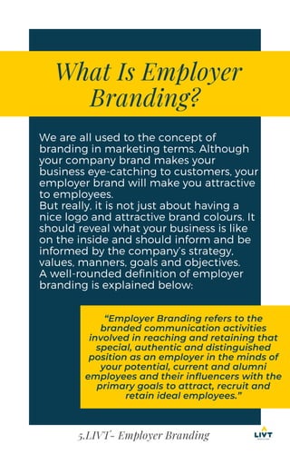 5.LIVT- Employer Branding
What Is Employer
Branding?
We are all used to the concept of
branding in marketing terms. Althou...