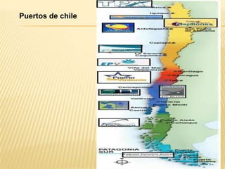  PRINCIPALES PUERTOS DE CHILEDistancia desde SantiagoPuertos:-Puerto de Arica 2070 Km.-Puerto de Iquique 1862 Km.-Puerto de Antofagasta 1364 km. -Puerto de Caldera 884 km.-Puerto de Coquimbo 462 km.-Puerto de Valparaíso 119 km.-Puerto de San Antonio 104 km.-Puerto de Talcahuano 582 km.-Puerto de Puerto Montt 1026 km.-Puerto de Castro 1198 km.-Puerto de Chacabuco 1758 km.-Puerto de Punta Arenas 13090 km.-Puerto de puerto Williams