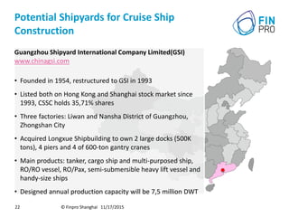 Potential Shipyards for Cruise Ship
Construction
© Finpro Shanghai 11/17/201522
Guangzhou Shipyard International Company Limited(GSI)
www.chinagsi.com
• Founded in 1954, restructured to GSI in 1993
• Listed both on Hong Kong and Shanghai stock market since
1993, CSSC holds 35,71% shares
• Three factories: Liwan and Nansha District of Guangzhou,
Zhongshan City
• Acquired Longxue Shipbuilding to own 2 large docks (500K
tons), 4 piers and 4 of 600-ton gantry cranes
• Main products: tanker, cargo ship and multi-purposed ship,
RO/RO vessel, RO/Pax, semi-submersible heavy lift vessel and
handy-size ships
• Designed annual production capacity will be 7,5 million DWT
 