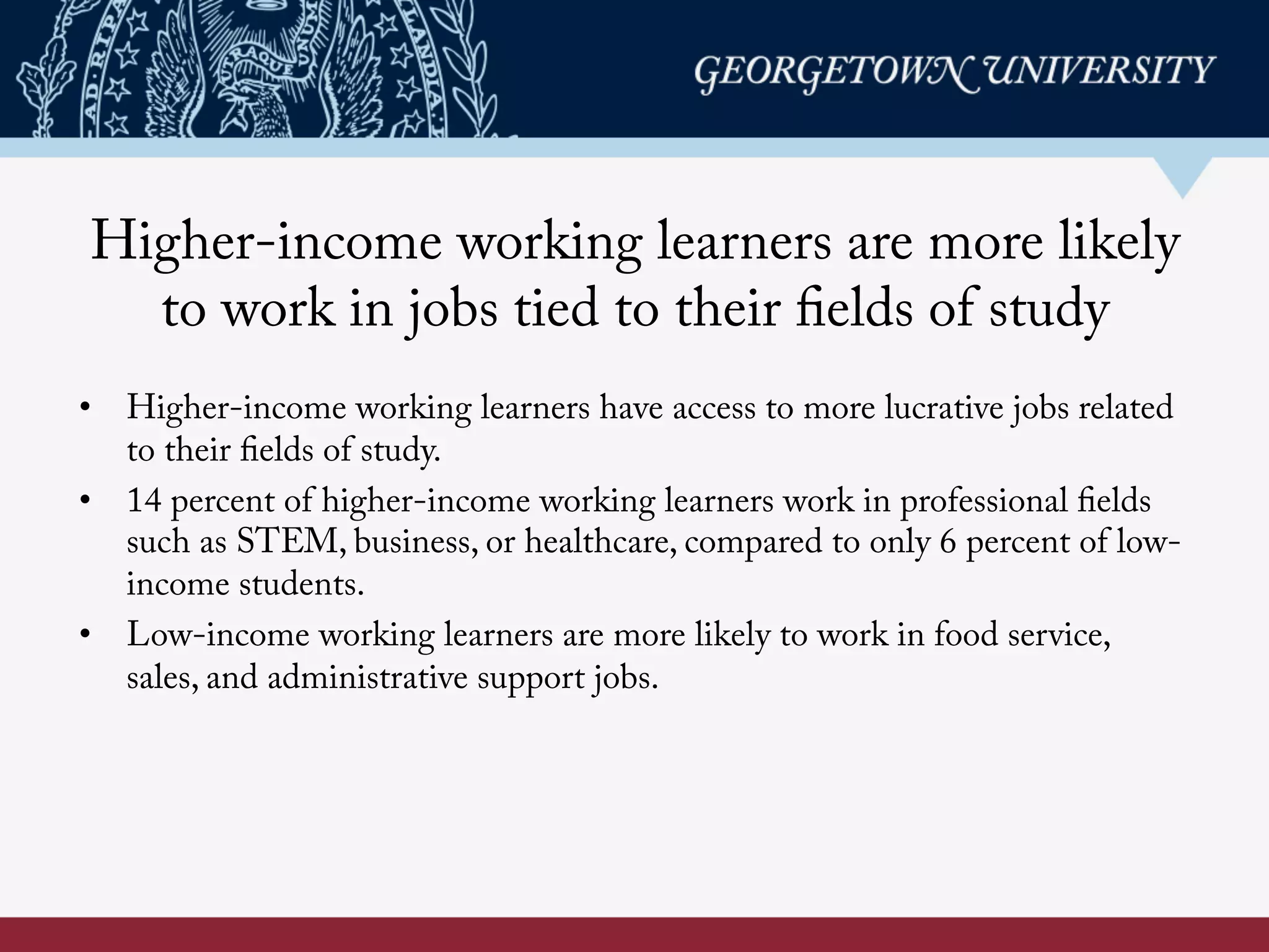 •  Higher-income working learners have access to more lucrative jobs related
to their fields of study.
•  14 percent of higher-income working learners work in professional fields
such as STEM, business, or healthcare, compared to only 6 percent of low-
income students.
•  Low-income working learners are more likely to work in food service,
sales, and administrative support jobs.
Higher-income working learners are more likely
to work in jobs tied to their fields of study
 