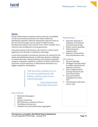                                                                       	
                                                                	
  
	
                                                                       	
                                                                	
  
	
                                                                       	
                                                                	
  
	
                                                                       	
                                                                	
  
	
                                                                       	
                                                                	
  
	
                                                                       	
                                                                	
  
	
                                                                       	
                                                                	
  
	
                                                                       	
                                                                	
         	
  



	
  


Media
Brand	
  reinforcement,	
  premium	
  content,	
  and	
  easy	
  accessibility	
  
are	
  the	
  main	
  business	
  motivators	
  for	
  online	
  media	
  and	
                          Requirements	
  
publishing	
  companies.	
  Relevant	
  information	
  improves	
  time	
  on	
                          •      Real-­‐time	
  indexing	
  of	
  
the	
  site	
  and	
  encourages	
  users	
  to	
  explore	
  related	
  content,	
                             petabytes	
  of	
  structured	
  
boosting	
  subscription	
  rates	
  and	
  site	
  views.	
  These	
  translate	
  into	
  a	
                 and	
  unstructured	
  data	
  	
  
virtuous	
  cycle	
  of	
  additional	
  revenue	
  generation.	
                                        •      Deeper	
  search	
  capability	
  
                                                                                                         •      Improved	
  query	
  
Given	
  that	
  content	
  is	
  the	
  business,	
  the	
  need	
  for	
  a	
  robust	
  search	
  
                                                                                                                response	
  time	
  
application	
  ties	
  directly	
  to	
  competitive	
  advantage.	
  	
  
                                                                                                         •      Reduced	
  	
  infrastructure	
  
Lucene/Solr	
  provides	
  a	
  customized,	
  function	
  rich	
  solution	
  for	
  the	
                     and	
  customization	
  costs	
  
media	
  and	
  publishing	
  industry.	
  It	
  addresses	
  dynamic	
  challenges	
                    	
  
of	
  content	
  diversity,	
  content	
  freshness,	
  and	
  content	
  acquisition	
  ,	
             Solr	
  Solution	
  
and	
  gives	
  companies	
  a	
  platform	
  on	
  which	
  	
  to	
  build	
  a	
  world-­‐class	
     • Reverse	
  indexing	
  
innovative	
  search	
  experience	
  to	
  differentiate	
  themselves	
  in	
  a	
                     • Intelligent,	
  faceted	
  search	
  
highly	
  competitive	
  marketplace.	
  	
                                                                  to	
  enable	
  contextual	
  and	
  
                                                                                                             linguistic	
  relevance	
  
	
  
                                                                                                         • Easy	
  configuration	
  for	
  
	
                              “Solr	
  has	
  done	
  wonders	
  for	
  us.	
                              parsing	
  structured	
  and	
  
	
                              It	
  is	
  easy	
  to	
  understand	
  and	
                                unstructured	
  data	
  
                                deploy,	
  and	
  has	
  reduced	
  our	
                                • Easy	
  and	
  seamless	
  
	
                                                                                                           installation	
  for	
  lower	
  
                                costs	
  drastically.”	
                                                     TCO	
  
	
  
	
                                                         Doug	
  Steigerwald,	
                        • Customization	
  with	
  open	
  
                                                                                                             source	
  code	
  
	
                                                   	
  McClatchy	
  Interactive	
                             	
  
	
  
                                                                                                         	
  
	
  
Success	
  Stories	
  
       •    McClatchy	
  Newspapers	
  
       •    Netflix	
  	
  
       •    Comcast	
  Interactive	
  
       •    MTV	
  Networks,	
  a	
  division	
  of	
  Viacom	
  
                              M
       •    The	
  Motley	
  Fool,	
  fool.com	
  	
  
       •    Fanfeedr.com,	
  personalized	
  sports	
  aggregator	
  
                                	
  


The Case for Lucene/Solr: Real World Search Applications
A Lucid Imagination White Paper • January 2010 	
                                                                                         Page 10
 