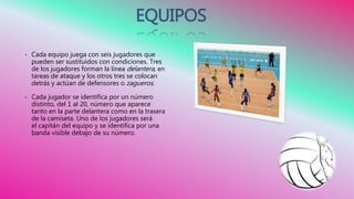 EQUIPOS
• Cada equipo juega con seis jugadores que
pueden ser sustituidos con condiciones. Tres
de los jugadores forman la línea delantera, en
tareas de ataque y los otros tres se colocan
detrás y actúan de defensores o zagueros.
• Cada jugador se identifica por un número
distinto, del 1 al 20, número que aparece
tanto en la parte delantera como en la trasera
de la camiseta. Uno de los jugadores será
el capitán del equipo y se identifica por una
banda visible debajo de su número.
 
