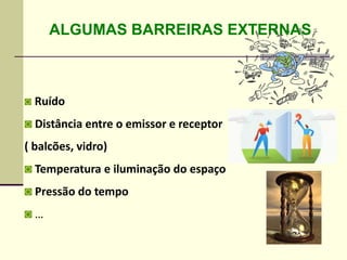 ALGUMAS BARREIRAS EXTERNAS
◙ Ruído
◙ Distância entre o emissor e receptor
( balcões, vidro)
◙ Temperatura e iluminação do espaço
◙ Pressão do tempo
◙ …
 