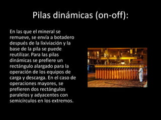 Pilas dinámicas (on-off):
En las que el mineral se
remueve, se envía a botadero
después de la lixiviación y la
base de la pila se puede
reutilizar. Para las pilas
dinámicas se prefiere un
rectángulo alargado para la
operación de los equipos de
carga y descarga. En el caso de
operaciones mayores, se
prefieren dos rectángulos
paralelos y adyacentes con
semicírculos en los extremos.
 