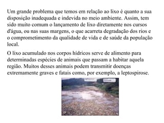 Um grande problema que temos em relação ao lixo é quanto a sua disposição inadequada e indevida no meio ambiente. Assim, tem sido muito comum o lançamento de lixo diretamente nos cursos d'água, ou nas suas margens, o que acarreta degradação dos rios e o comprometimento da qualidade de vida e de saúde da população local. O lixo acumulado nos corpos hídricos serve de alimento para determinadas espécies de animais que passam a habitar aquela região. Muitos desses animais podem transmitir doenças extremamente graves e fatais como, por exemplo, a leptospirose.  
