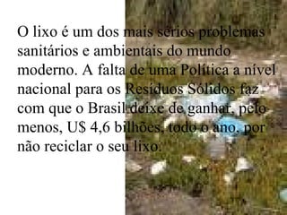 O lixo é um dos mais sérios problemas sanitários e ambientais do mundo moderno. A falta de uma Política a nível nacional para os Resíduos Sólidos faz com que o Brasil deixe de ganhar, pelo menos, U$ 4,6 bilhões, todo o ano, por não reciclar o seu lixo. 