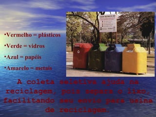 A coleta seletiva ajuda na reciclagem, pois separa o lixo, facilitando seu envio para usina de reciclagem. Vermelho = plásticos Verde = vidros Azul = papéis Amarelo = metais 