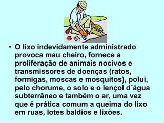 O lixo indevidamente administrado provoca mau cheiro, fornece a proliferação de animais nocivos e transmissores de doenças (ratos, formigas, moscas e mosquitos), polui, pelo chorume, o solo e o lençol d´água subterrâneo e também o ar, uma vez que é prática comum a queima do lixo em ruas, lotes baldios e lixões.   
