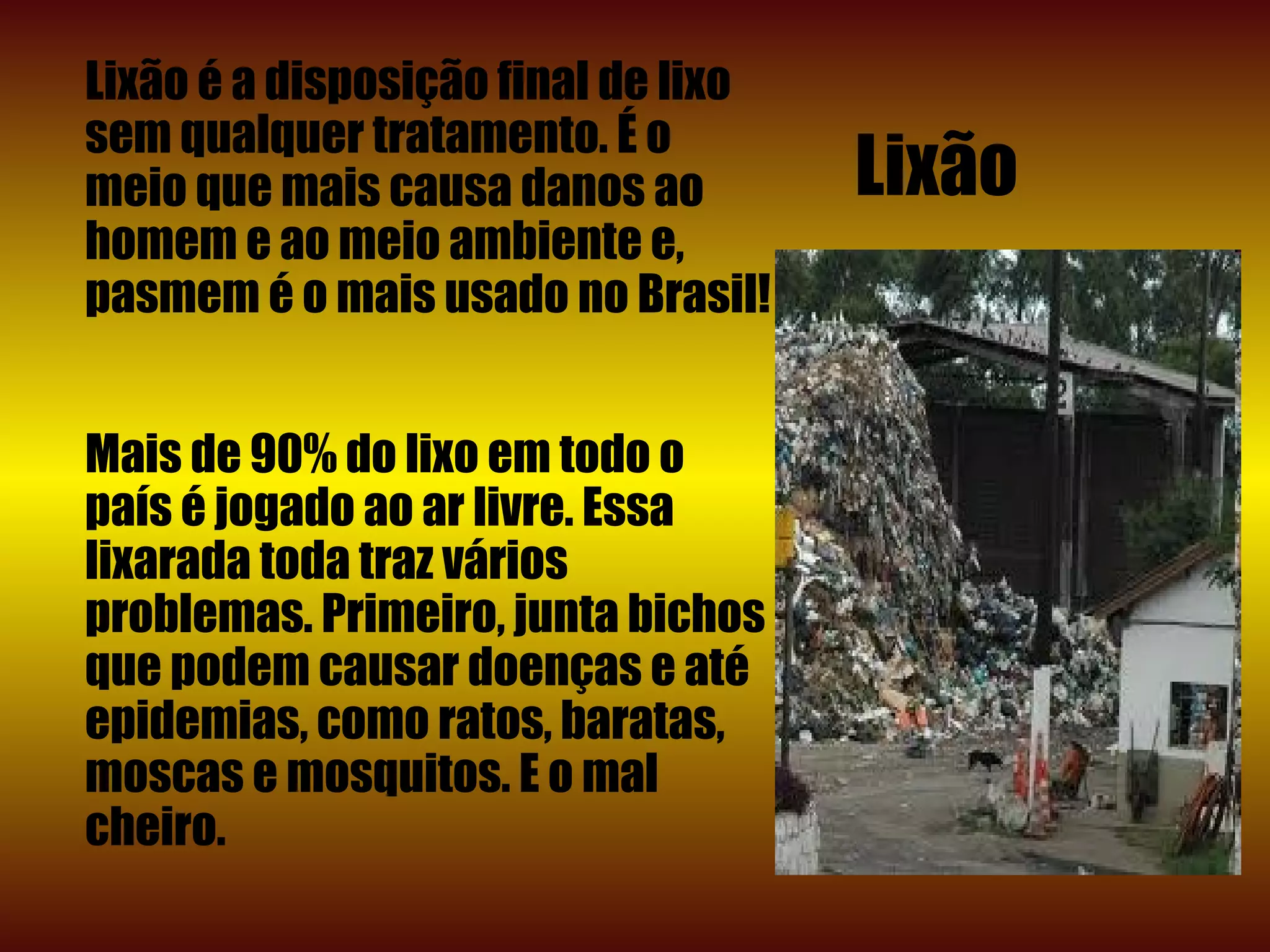 Lixão é a disposição final de lixo
sem qualquer tratamento. É o
meio que mais causa danos ao         Lixão
homem e ao meio ambiente e,
pasmem é o mais usado no Brasil!


Mais de 90% do lixo em todo o
país é jogado ao ar livre. Essa
lixarada toda traz vários
problemas. Primeiro, junta bichos
que podem causar doenças e até
epidemias, como ratos, baratas,
moscas e mosquitos. E o mal
cheiro.
 