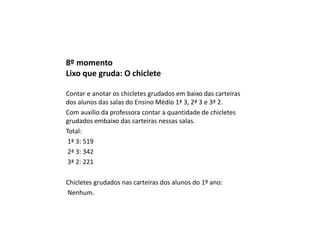 8º momento
Lixo que gruda: O chiclete
Contar e anotar os chicletes grudados em baixo das carteiras
dos alunos das salas do Ensino Médio 1ª 3, 2ª 3 e 3ª 2.
Com auxílio da professora contar a quantidade de chicletes
grudados embaixo das carteiras nessas salas.
Total:
1ª 3: 519
2ª 3: 342
3ª 2: 221
Chicletes grudados nas carteiras dos alunos do 1º ano:
Nenhum.

 