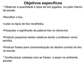 Objetivos específicos
* Observar a quantidade e tipos de lixo jogados no pátio interno
da escola.
•Recolher o lixo.
•Listar os tipos de lixo recolhidos.
•Pesquisar o significado da palavra lixo no dicionário.
•Produzir pequenos textos coletivos tendo o professor como
escriba.
•Produzir frases para conscientização do destino correto do lixo
na escola.
* Confeccionar cartazes com as frases e expor no ambiente
escolar.

 