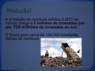 A produção de resíduos sólidos (LIXO) no
mundo chega a 2 milhões de toneladas por
dia, 730 milhões de toneladas ao ano
O Brasil gera cerca de 150.000 toneladas
diárias de resíduos