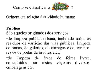 Como se classificar o             ?

Origem em relação à atividade humana:

Público
São aqueles originados dos serviços:
•de limpeza pública urbana, incluindo todos os
resíduos de varrição das vias públicas, limpeza
de praias, de galerias, de córregos e de terrenos,
restos de podas de árvores etc.;
•de limpeza de áreas de feiras livres,
constituídos por restos vegetais diversos,
embalagens etc.
 