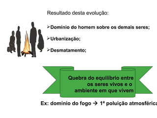 Resultado desta evolução:
Domínio do homem sobre os demais seres;
Urbanização;
Desmatamento;
Quebra do equilíbrio entre
os seres vivos e o
ambiente em que vivem
Ex: domínio do fogo  1ª poluição atmosférica
 