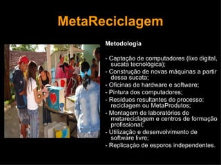 MetaReciclagem Metodologia - Captação de computadores (lixo digital, sucata tecnológica); - Construção de novas máquinas a partir dessa sucata; - Oficinas de hardware e software; - Pintura dos computadores; - Resíduos resultantes do processo: reciclagem ou MetaProdutos; - Montagem de laboratórios de metareciclagem e centros de formação profissional; - Utilização e desenvolvimento de software livre; - Replicaçào de esporos independentes. 