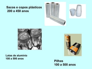Sacos e copos plásticos
200 a 450 anos
Latas de alumínio
100 a 500 anos
Pilhas
100 a 500 anos
 