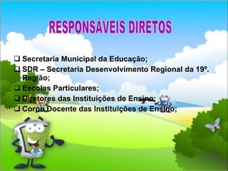 Secretaria Municipal da Educação; SDR – Secretaria Desenvolvimento Regional da 19º. Região; Escolas Particulares; Diretores das Instituições de Ensino; Corpo Docente das Instituições de Ensino; RESPONSÁVEIS DIRETOS 