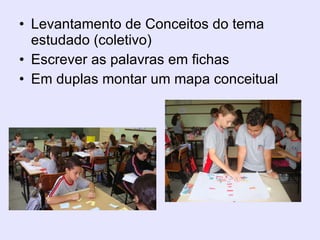 Levantamento de Conceitos do tema estudado (coletivo) Escrever as palavras em fichas  Em duplas montar um mapa conceitual  