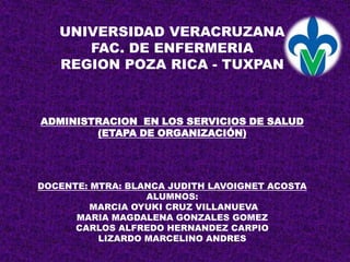 UNIVERSIDAD VERACRUZANA
      FAC. DE ENFERMERIA
   REGION POZA RICA - TUXPAN



ADMINISTRACION EN LOS SERVICIOS DE SALUD
        (ETAPA DE ORGANIZACIÓN)




DOCENTE: MTRA: BLANCA JUDITH LAVOIGNET ACOSTA
                  ALUMNOS:
         MARCIA OYUKI CRUZ VILLANUEVA
      MARIA MAGDALENA GONZALES GOMEZ
      CARLOS ALFREDO HERNANDEZ CARPIO
          LIZARDO MARCELINO ANDRES
 