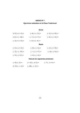 122
ANEXO Nº 7
Ejercicios realizados en la Clase Tradicional
Suma
(+ 5 ) + ( + 3 ) = ( - 8 ) + ( - 5 ) = ( - 3 ) + ( + 9 ) =
(- 2 ) + ( - 15) = ( - 1 ) + ( + 7 ) = ( - 5 ) + ( + 0 ) =
( - 5 ) + ( + 5 ) = ( - 4 ) + ( - 4 ) =
Resta
( + 5 ) - ( + 3 ) = ( - 8 ) - ( - 5 ) = ( - 3 ) - ( + 9 ) =
( - 2 ) - ( - 15 ) = ( - 1 ) - ( + 7 ) = ( - 8 ) - ( + 0 ) =
( - 5 ) - ( + 5 ) = ( - 4 ) - ( - 4 ) =
Calcula los siguientes productos
( - 8 ).( - 3 ) = ( + 12 ) . (+ 2 ) = ( - 7 ) . ( + 4 ) =
(+ 13 ) . ( - 3 ) = ( - 25 ) . ( - 5 ) =
 