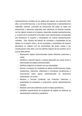 representaciones mentales de los objetos del espacio, las relaciones entre
ellos, sus transformaciones, y sus diversas traducciones o representaciones
materiales; además, contempla las actuaciones del sujeto en todas sus
dimensiones y relaciones espaciales para interactuar de diversas maneras
con los objetos situados en el espacio, desarrollar variadas representaciones
y, a través de la coordinación entre ellas, hacer acercamientos conceptuales
que favorezcan la creación y manipulación de nuevas representaciones
mentales. Esto requiere del estudio de conceptos y propiedades de los
objetos en el espacio físico y de los conceptos y propiedades del espacio
geométrico en relación con los movimientos del propio cuerpo y las
coordinaciones entre ellos y con los distintos órganos de los sentidos; por lo
que se debe estimar:
- Representar objetos tridimensionales desde diferentes posiciones y
vistas.
- Identificar y describir figuras y cuerpos generados por cortes rectos y
transversales de objetos tridimensionales.
- Clasificar polígonos en relación con sus propiedades.
- Estimar y comparar los resultados de aplicar transformaciones rígidas
(traslaciones, rotaciones, reflexiones) y homotecias (ampliaciones y
reducciones) sobre figuras bidimensionales en situaciones
matemáticas y en el arte.
- Resolver y formular problemas que involucren relaciones y
propiedades de semejanza y congruencia usando representaciones
visuales.
- Resolver y formular problemas usando modelos geométricos.
- Identificar características de localización de objetos en sistemas de
representación cartesiana y geográfica.
 
