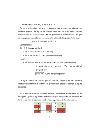 81
- Distributiva:
Es importante saber que a la hora de resolver operaciones básicas con
números enteros, la ley de los signos tanto para la suma como para la
multiplicación es consecuencia de las propiedades mencionadas. Asi por
ejemplo, podemos probar de forma sencilla utilizando las propiedades que:
Demostración:
Si
(Pues 0 es neutro)
(Propiedad distributiva)
Luego.
(Por inverso aditivo)
(Por inverso aditivo)
Como se quería probar
De igual forma se pueden probar muchas propiedades de números
enteros y en particular a partir de las propiedades dadas se deduce la ley de
los signos.
En la multiplicación de números enteros, empleamos la siguiente ley de
los signos, que nos ayudará a saber que signo antepondrá el resultado de
dicha operación, el siguiente cuadro nos proporciona dicha información:
+ x + = +
- x - = +
+ x - = -
- x + = -
 