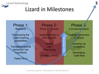 $
             Lizard in Milestones

  Phase 1:                          Phase 2:                                       Phase 3:
    Research                     Proof of Concept                                Commercialization

 Discovering the                 Implementation in                               Getting Customers
 Lizard hearing                    HW and SW                                          on board




                                                                 November 2011
   possibilities
                                        Testing                                    Ramping Up
Translating Animal                       and                                       Operations
  behaviour into                      Fine tuning
   Algorithms                                                                       Generating
                                  Creating Demos                                     Cash-flow
   Patent filing



               Lizard Technology ApS - Forskerparken 10 - DK-5230 Odense M                           6
 