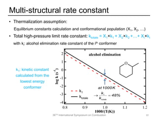 36TH International Symposium on Combustion 10
Multi-structural rate constant
• Thermalization assumption:
Equilibrium constants calculation and conformational population (X1, X2, …)
• Total high-pressure limit rate constant: ktotale = X1×k1 + X2×k2 +…+ Xi×ki
with ki: alcohol elimination rate constant of the ith conformer
-4
-3
-2
-1
0
1
2
logk(s
-1
)
1.21.11.00.90.8
1000/(T(K))
k1
ktotale
alcohol elimination
48%
k
k
K1000at
totale
1

O
k1: kinetic constant
calculated from the
lowest energy
conformer
 