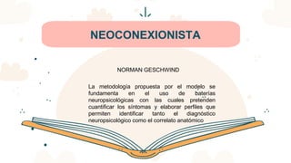 CREDITS: This presentation template was created by Slidesgo,
including icons by Flaticon, infographics & images by Freepik
NEOCONEXIONISTA
La metodología propuesta por el modelo se
fundamenta en el uso de baterías
neuropsicológicas con las cuales pretenden
cuantificar los síntomas y elaborar perfiles que
permiten identificar tanto el diagnóstico
neuropsicológico como el correlato anatómico
NORMAN GESCHWIND
 