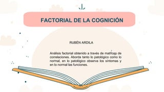 CREDITS: This presentation template was created by Slidesgo,
including icons by Flaticon, infographics & images by Freepik
FACTORIAL DE LA COGNICIÓN
Análisis factorial obtenido a través de matrices de
correlaciones. Aborda tanto lo patológico como lo
normal, en lo patológico observa los síntomas y
en lo normal las funciones.
RUBÉN ARDILA
 