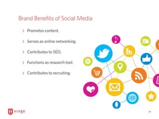 24
Brand Benefits of Social Media
Promotes content.
Serves as online networking.
Contributes to SEO.
Functions as research...