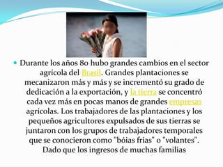  Durante los años 80 hubo grandes cambios en el sector
       agrícola del Brasil. Grandes plantaciones se
   mecanizaron más y más y se incrementó su grado de
   dedicación a la exportación, y la tierra se concentró
   cada vez más en pocas manos de grandes empresas
   agrícolas. Los trabajadores de las plantaciones y los
    pequeños agricultores expulsados de sus tierras se
   juntaron con los grupos de trabajadores temporales
    que se conocieron como "bóias frias" o "volantes".
        Dado que los ingresos de muchas familias
 