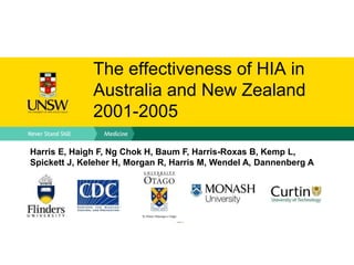 The effectiveness of HIA in
Australia and New Zealand
2001-2005
Harris E, Haigh F, Ng Chok H, Baum F, Harris-Roxas B, Kemp L,
Spickett J, Keleher H, Morgan R, Harris M, Wendel A, Dannenberg A
 