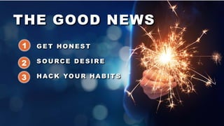 THE GOOD NEWS
1.GET HONEST
2.SOURCE DESIRE
3.HACK YOUR HABITS
THE GOOD NEWS
GE T HONE S T
S OURCE DE S IRE
HACK YOUR HABIT S
1
2
3
 