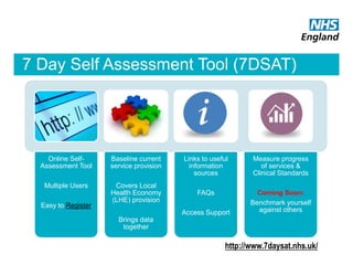 7 Day Self Assessment Tool (7DSAT)
Online Self-
Assessment Tool
Multiple Users
Easy to Register
Baseline current
service provision
Covers Local
Health Economy
(LHE) provision
Brings data
together
Links to useful
information
sources
FAQs
Access Support
Measure progress
of services &
Clinical Standards
Coming Soon:
Benchmark yourself
against others
http://www.7daysat.nhs.uk/
 