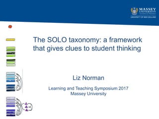 The SOLO taxonomy: a framework
that gives clues to student thinking
Liz Norman
Learning and Teaching Symposium 2017
Massey University
 