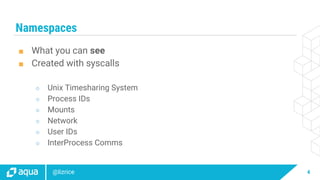 4@lizrice
Namespaces
■ What you can see
■ Created with syscalls
○ Unix Timesharing System
○ Process IDs
○ Mounts
○ Network
○ User IDs
○ InterProcess Comms
 