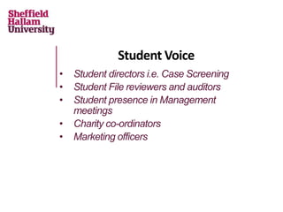 Student Voice
• Student directors i.e. Case Screening
• Student File reviewers and auditors
• Student presence in Management
meetings
• Charity co-ordinators
• Marketing officers
 