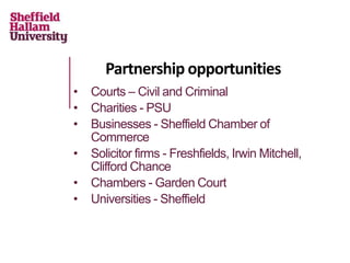 Partnership opportunities
• Courts – Civil and Criminal
• Charities - PSU
• Businesses - Sheffield Chamber of
Commerce
• Solicitor firms - Freshfields, Irwin Mitchell,
Clifford Chance
• Chambers - Garden Court
• Universities - Sheffield
 