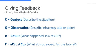 Proprietary + Conﬁdential
Giving Feedback
directly from Radical Candor
C - Context (Describe the situation)
O - Observation (Describe what was said or done)
R - Result (What happened as a result?)
E - nExt stEps (What do you expect for the future?)
 