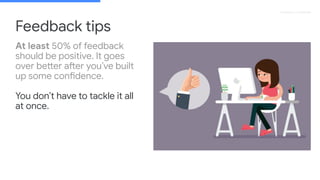 Proprietary + Conﬁdential
At least 50% of feedback
should be positive. It goes
over better after you’ve built
up some confidence.
You don’t have to tackle it all
at once.
Feedback tips
 