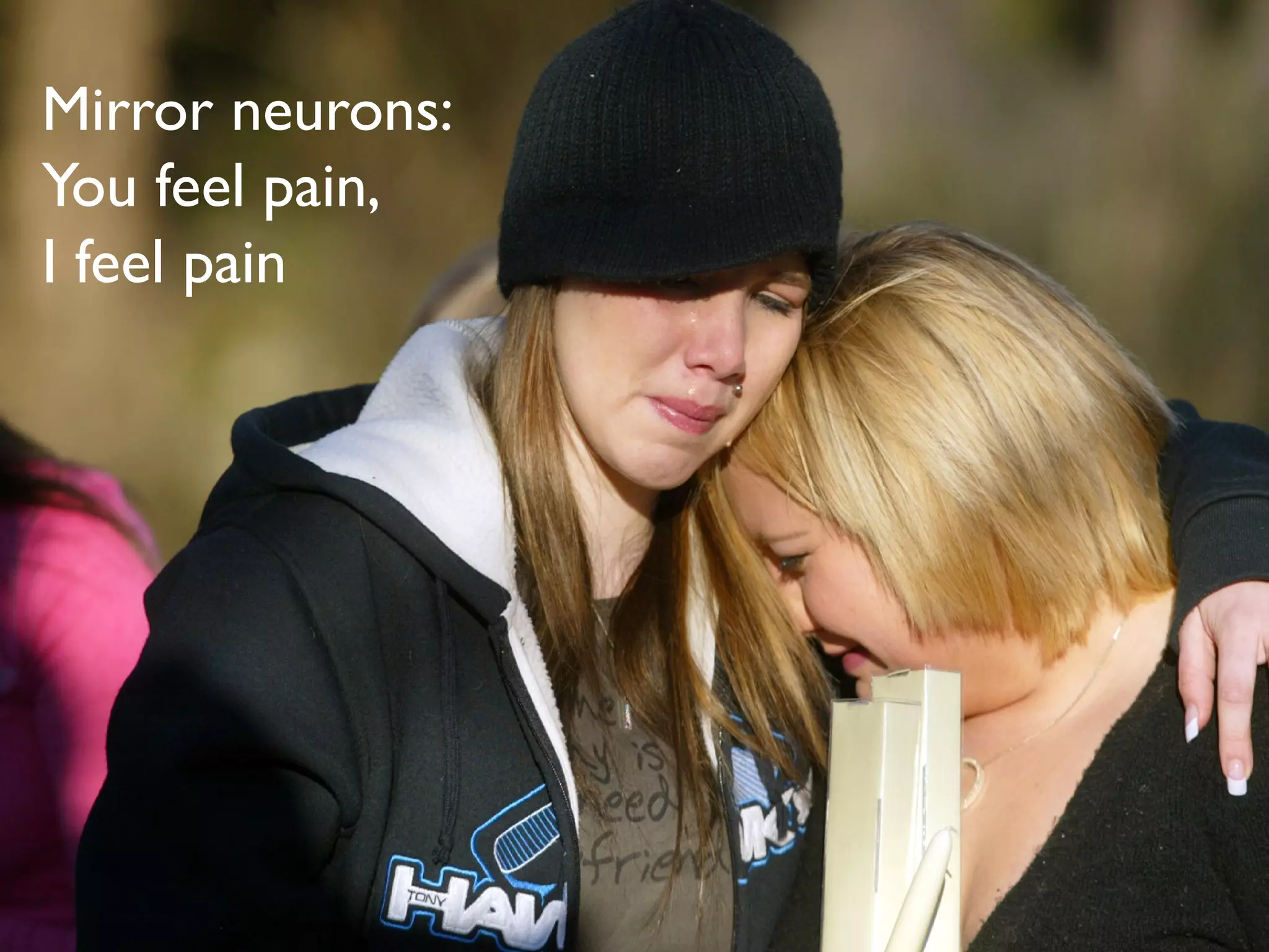 Mirror neurons:
You feel pain,
I feel pain

 