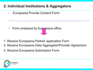2. Individual Institutions & Aggregators Europeana Provide Content Form: http://www.group.europeana.eu/web/guest/providing-content/   Form analysed by Europeana office 1. Receive Europeana Partner application Form 2. Receive Europeana Data Aggregator/Provider Agreement  3. Receive Europeana Submission Form   