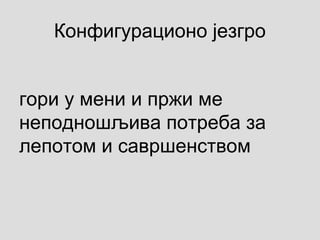 Конфигурационо језгро
гори у мени и пржи ме
неподношљива потреба за
лепотом и савршенством
 