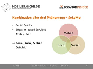 Kombination aller drei Phänomene = SoLoMo
• Social Media
• Location-based Services
• Mobile Web
Social, Local, Mobile
So...