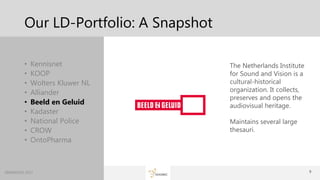 9ggg
Our LD-Portfolio: A Snapshot
• Kennisnet
• KOOP
• Wolters Kluwer NL
• Alliander
• Beeld en Geluid
• Kadaster
• National Police
• CROW
• OntoPharma
SEMANTiCS 2017 9
The Netherlands Institute
for Sound and Vision is a
cultural-historical
organization. It collects,
preserves and opens the
audiovisual heritage.
Maintains several large
thesauri.
 