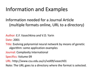 Information and Examples
Information needed for a Journal Article
(multiple formats online, URL to a directory)
Author: E.F. Vasechkina and V.D. Yarin
Date: 2001
Title: Evolving polynomial neural network by means of genetic
algorithm: some application examples
Journal: Complexity International
Specifics: Volume 09
URL: http://www.csu.edu.au/ci/vol09/vasech01
Note: The URL goes to a directory where the format is selected.
 