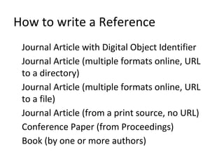 How to write a Reference
Journal Article with Digital Object Identifier
Journal Article (multiple formats online, URL
to a directory)
Journal Article (multiple formats online, URL
to a file)
Journal Article (from a print source, no URL)
Conference Paper (from Proceedings)
Book (by one or more authors)
 