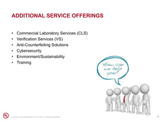 ADDITIONAL SERVICE OFFERINGS
• Commercial Laboratory Services (CLS)
• Verification Services (VS)
• Anti-Counterfeiting Solutions
• Cybersecurity
• Environment/Sustainability
• Training
11UL and the UL logo are trademarks of UL LLC © 2017. Proprietary & Confidential.
 